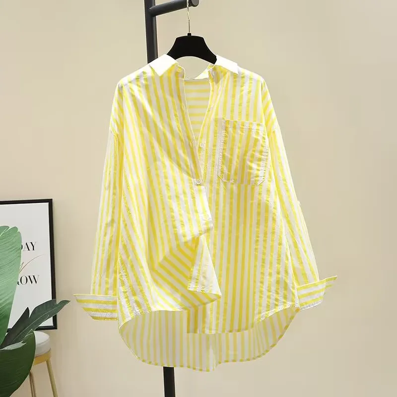 

Faionable Striped Print Long Sve Women's irt Spring Autumn New Sle Loose Fit Versatile Open Cardigan Top Cotton 00%
