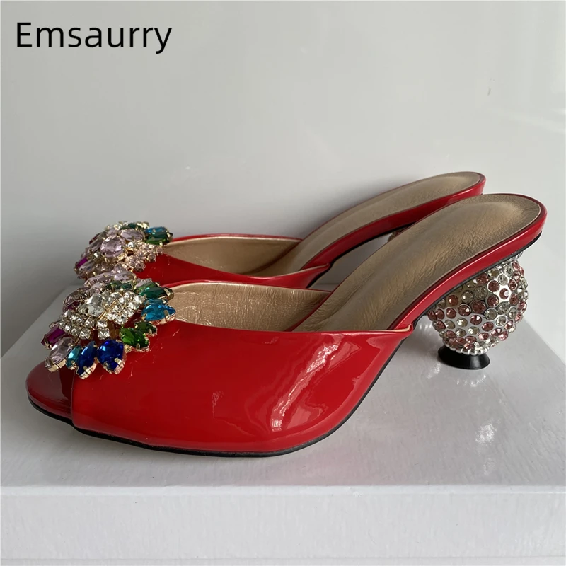 Colorful Rhinestone Buckle Modern Sandals Women Diamond Crystal Spherical Heel Luxury Patent Leather Slingbacks Summer Mules