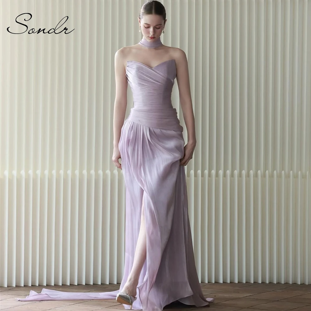 

Sondr Light Purple Elegant Evening Dresses Strapless Floor-Length Side Slit Party Dresses Women Formal Occasion Gown Banquet