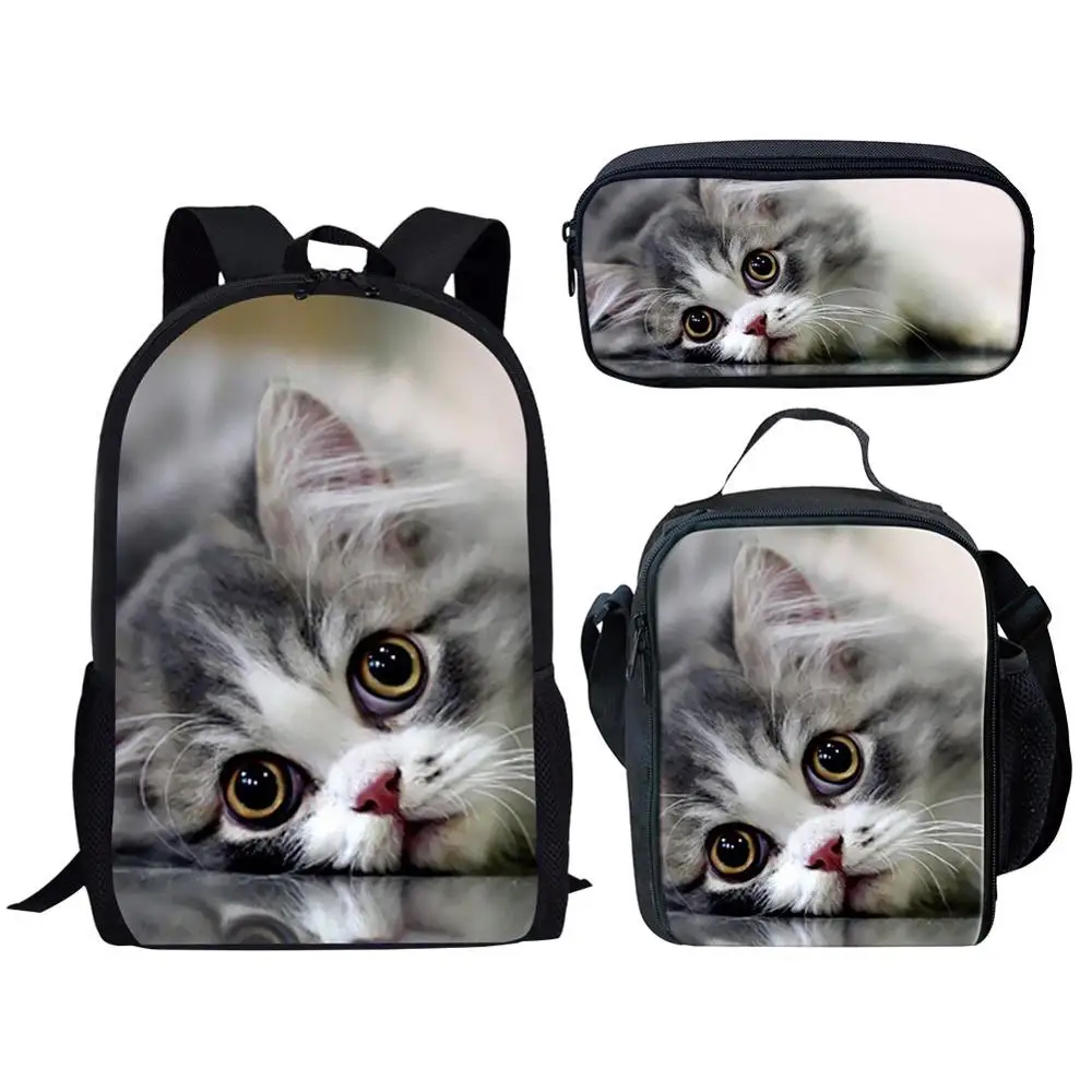 Tas sekolah motif kucing lucu 3 buah, Set tas sekolah untuk anak laki-laki dan perempuan, tas buku anak-anak, tas makan siang, tas pensil, ransel kasual harian Remaja