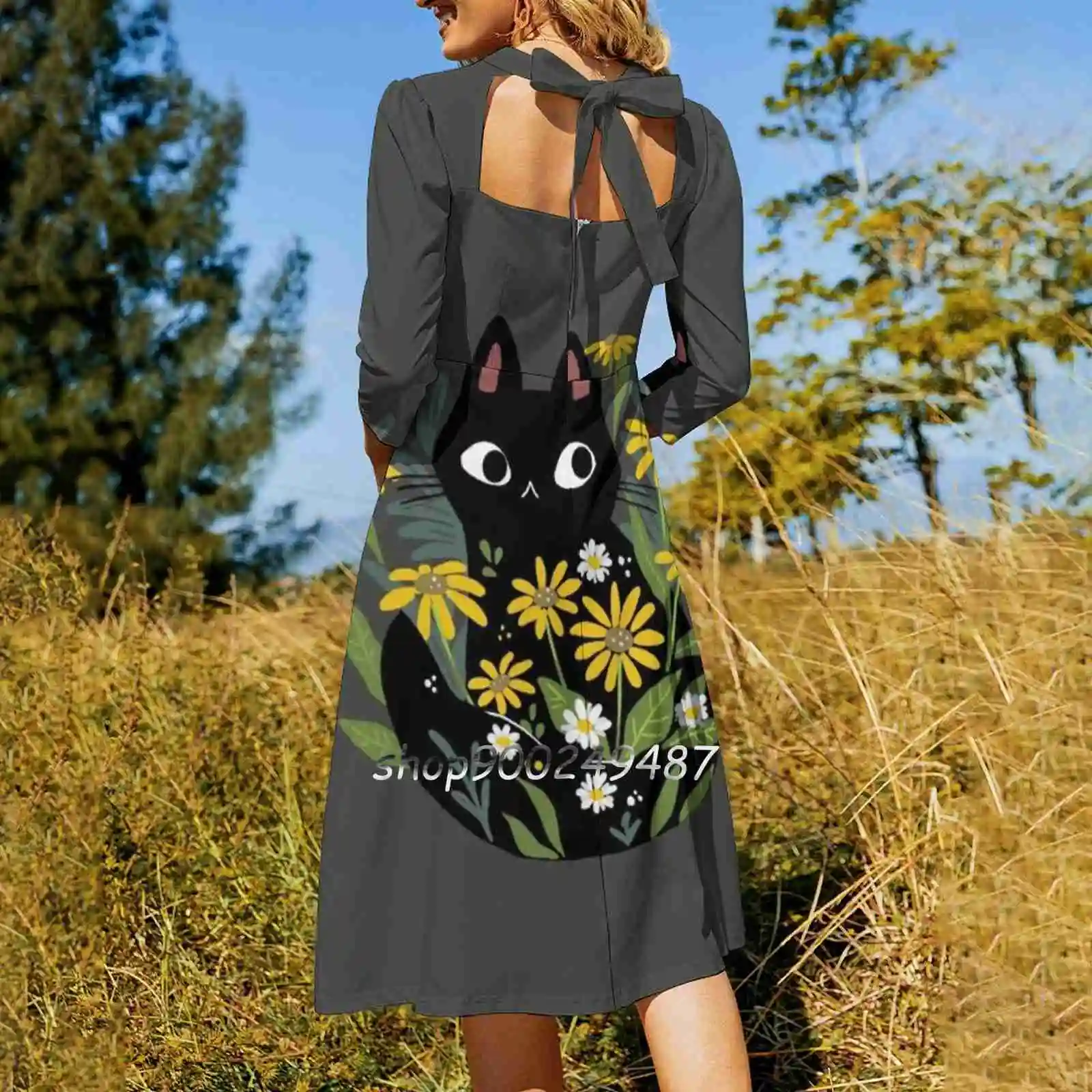 Black Cat With Flowers Square Neck Dress New Plus Size Elegant Women Waist Tight Dress Black Cat Cat Flowers Daisy Garden Folk