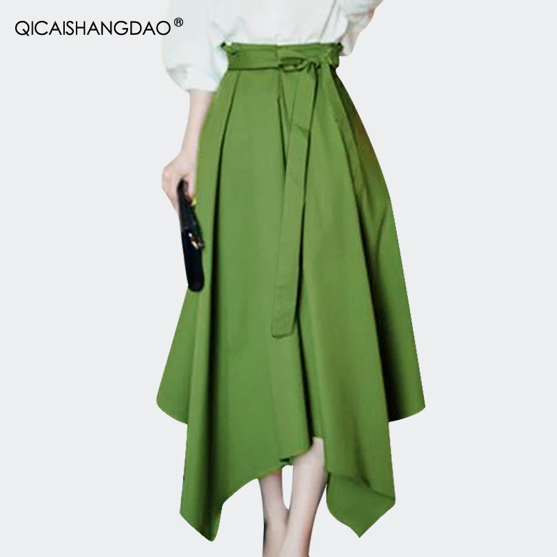 Fashion Irregular Length Women' Solid Color Cotton Skirt High Waist A-Line Belt Lace-Up Loose Plus Size Casual Long Skirts