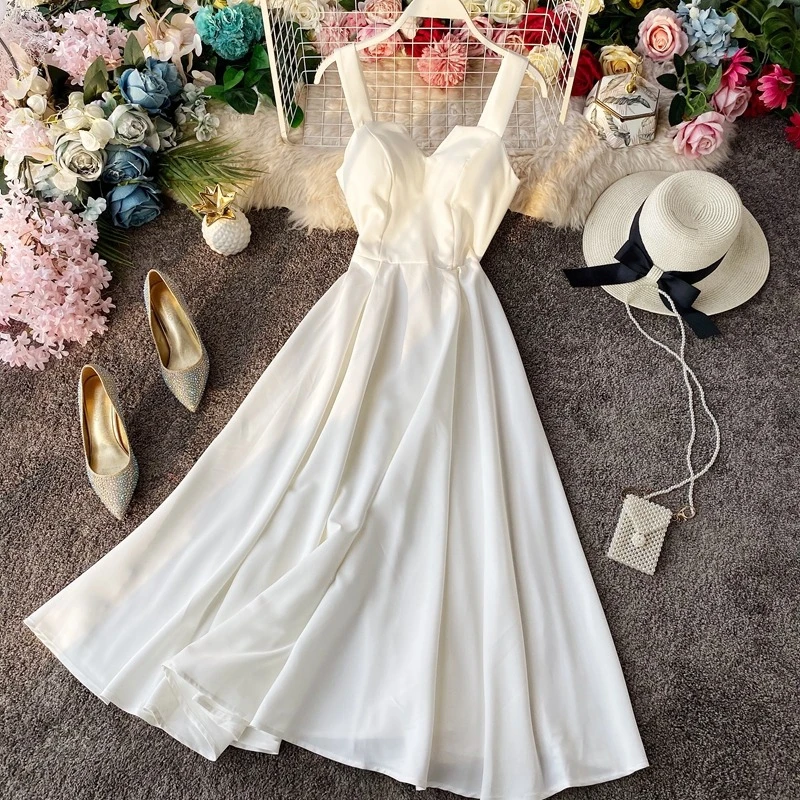 

Sexy Backless Retro Camisole Dress Waist Cinched Beach over Knee Goddess Style Dress