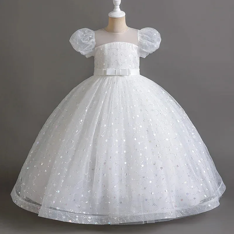 فستان بناتي طويل على طراز المحكمة الفرنسية بأكمام منتفخة وتنورة شبكية على شكل زهرة الأميرة الحلوة لأداء الأطفال #   r155