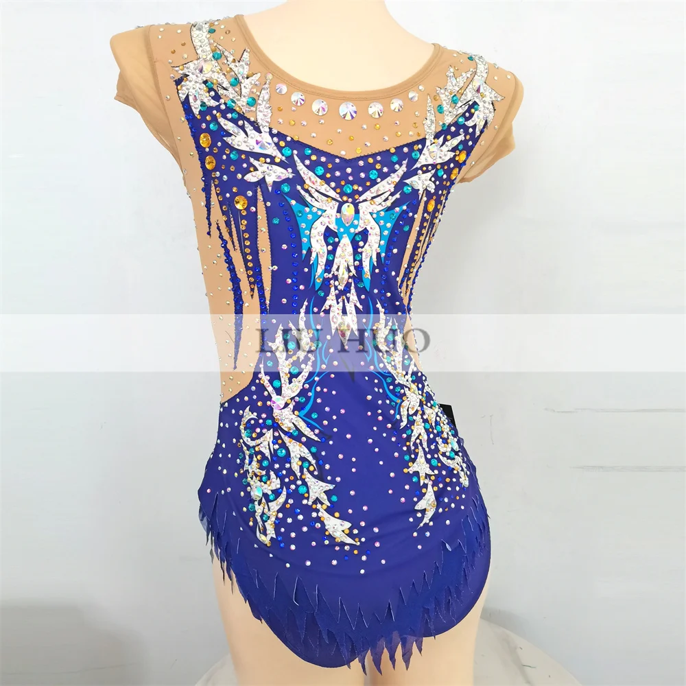 LIUHUO justaucorps de gymnastique rythmique aérobic adulte femmes fille Costume Performance compétition robe de danse bleu marine adolescents enfants