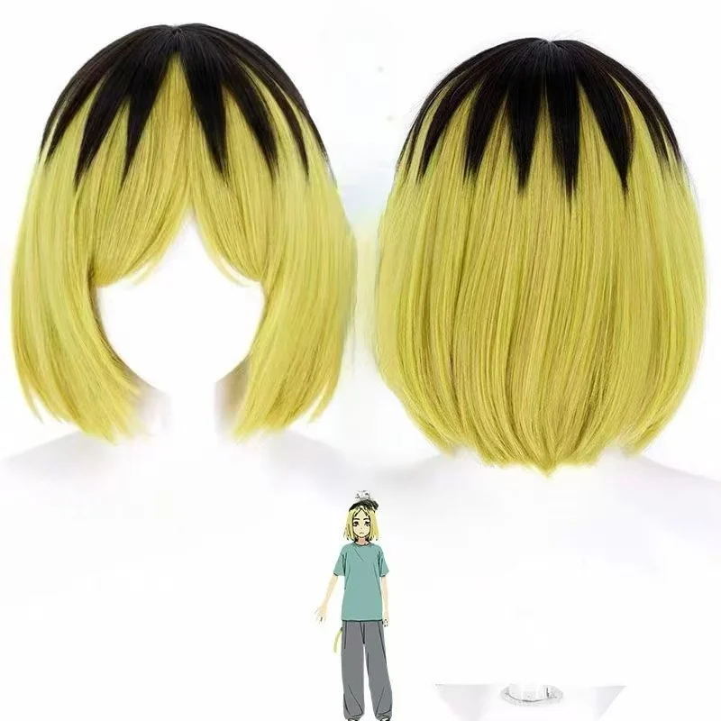 Niko Niko Cos Wig Black Yellow Gradient Short Bob Wig With Removable Cat Ears, Anime Cosplay Wig for Halloween Party Comic Con