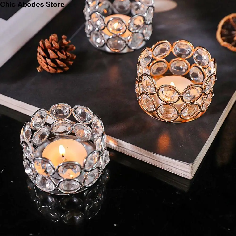 

8Pcs Silver/Gold Tealight Candle Holders Flat Bottom Hollow Crystal Candlestick Sparking Multi-purpose Romantic Candle Stand