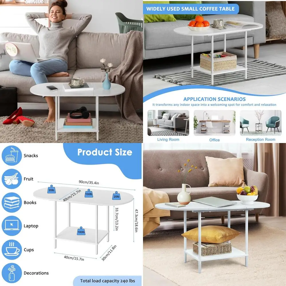

Compact Oval Coffee Table for Low Seating or Small Spaces with Display Shelves and Storage, Ideal for Living Rooms and Home Offi