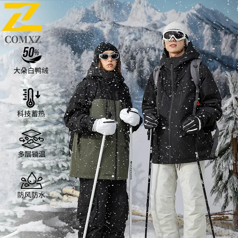 

COMXZ Couple Long Down Jacket New Classic Splicing Hooded Thickened Warm Parka Outdoor Camping Windproof Windbreaker