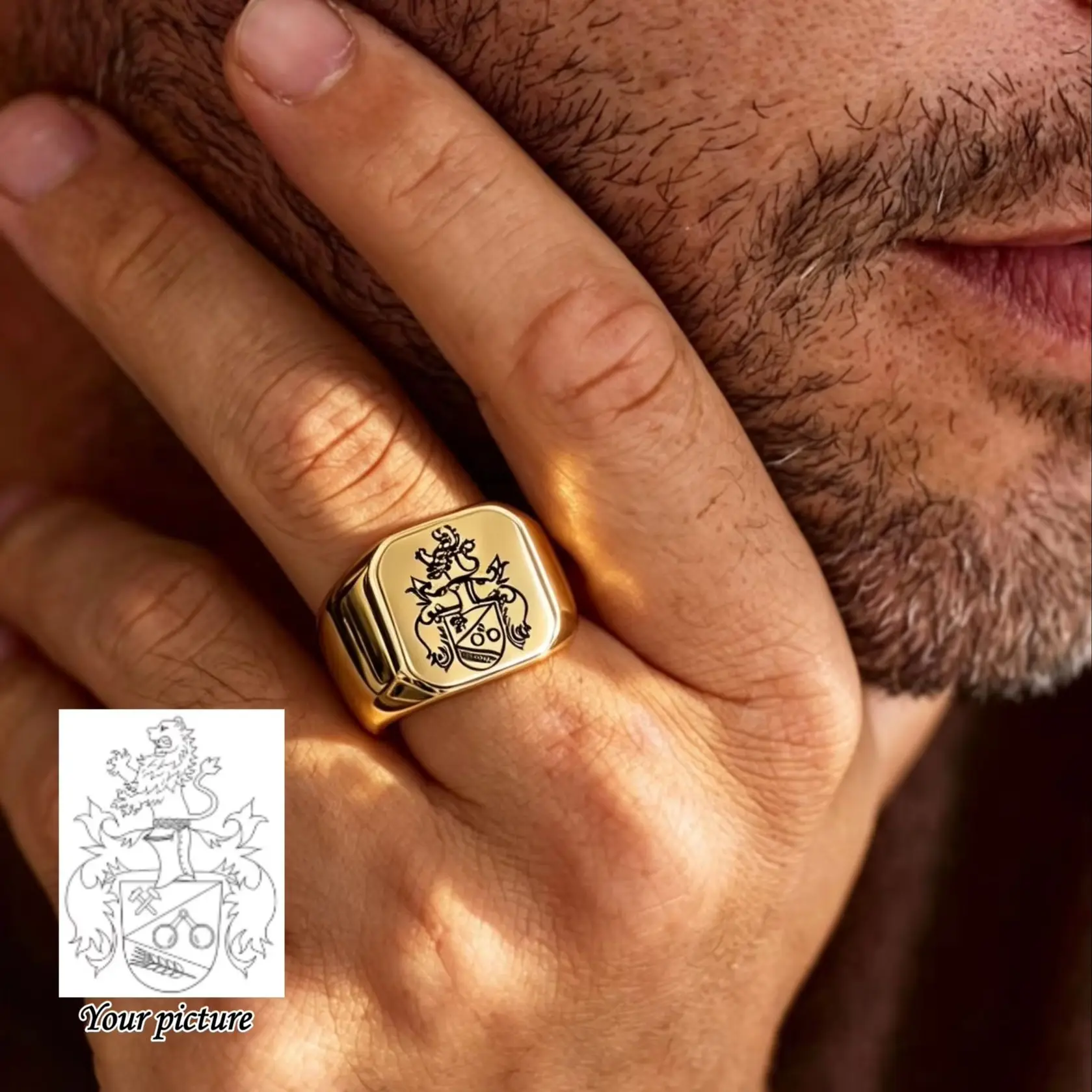 Custom Family Crest Signet Ring For Men Personalized Stainless Steel  Fashion Square Engraved Coat Of Arms Heraldry Jewelry Gift