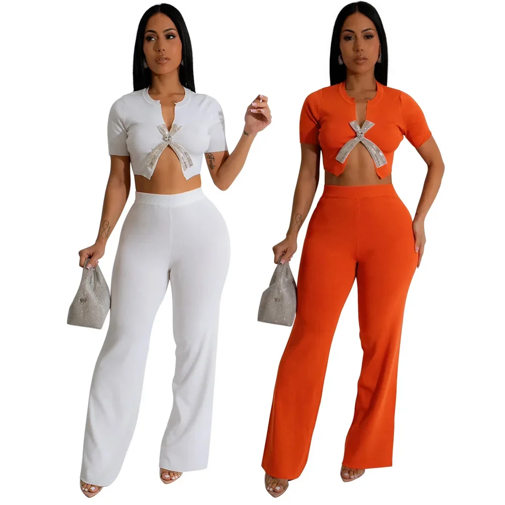 

Women's Set Short Sleeve Diamonds Bowknot O-neck Tops +Wide Leg Pants Suits 2024 Two 2 Piece Set Streetwear Sexy Outfit