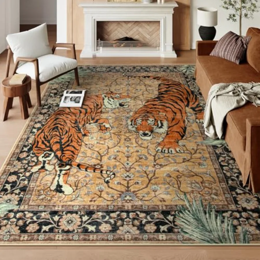 

Tiger 8x10 Area Rug Washable Boho Rugs for Living Room Vintage Large Soft Dining Room Rug Non Slip Ultra Thin Stain Resistant F