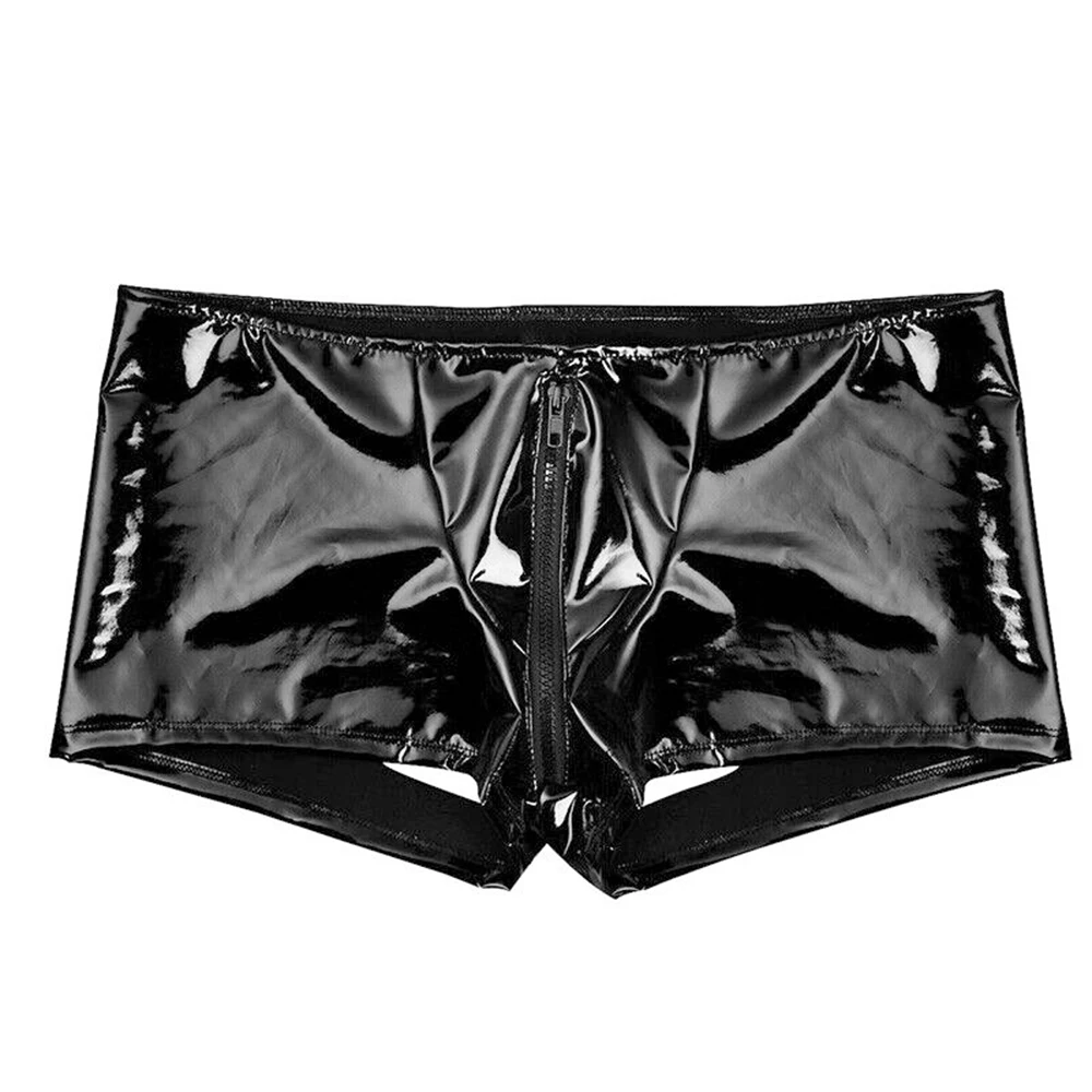 Mens PVC Zip Pouch Briefs Wet Look Trunks Shorts Backless Underwear Hombre Stretch Breathable Underpants Lingerie