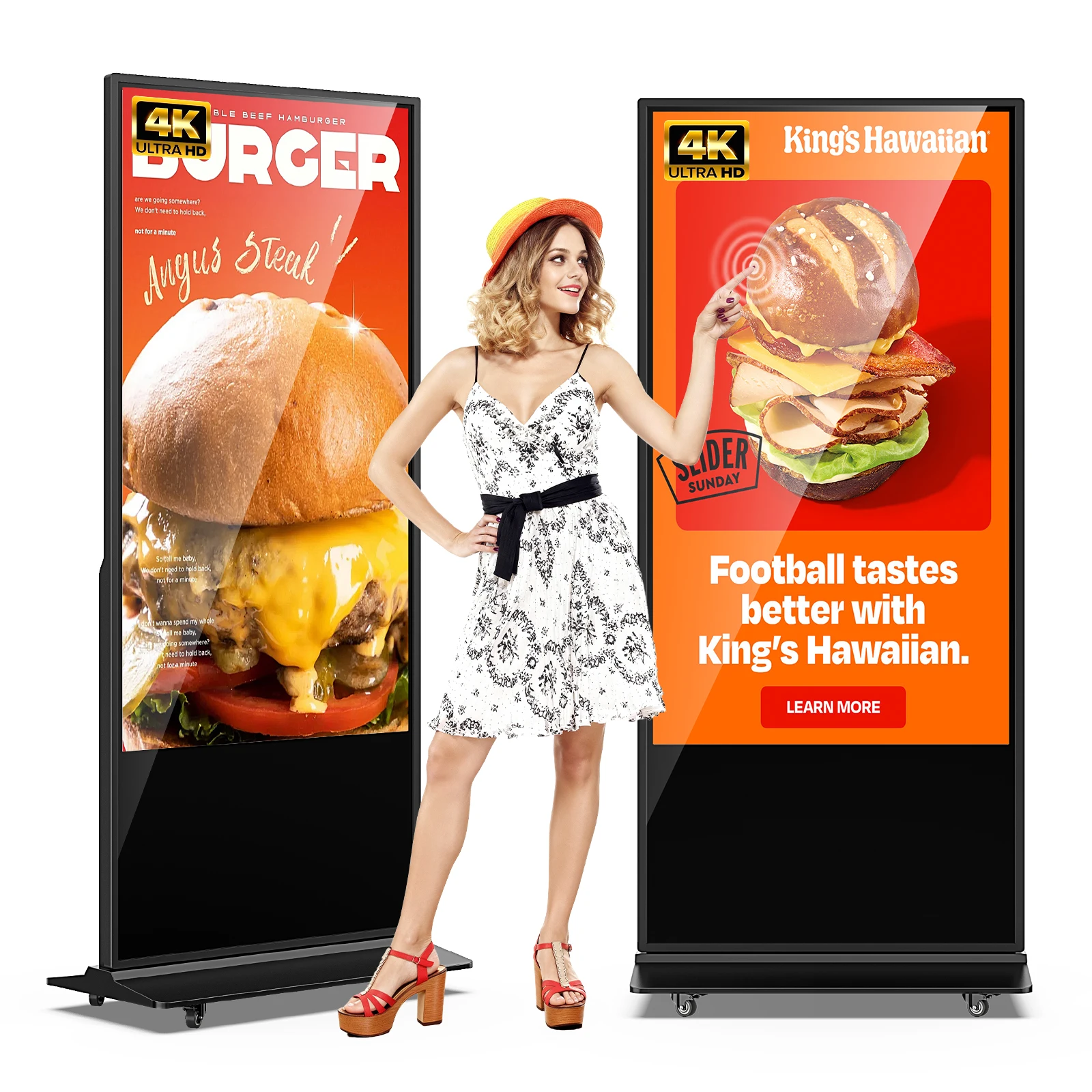 Kiosque d'affichage numérique MWE 4K, moniteur commercial sur pied pour intérieur, écran publicitaire LCD Totem avec entrée HDMI, USB, LAN, WiFi, système d'exploitation Android, écran partagé, fonctionnement 24h/24 et 7j/7 pour la vente au détail, les centres commerciaux, les hôtels, les restaurants, les réceptions