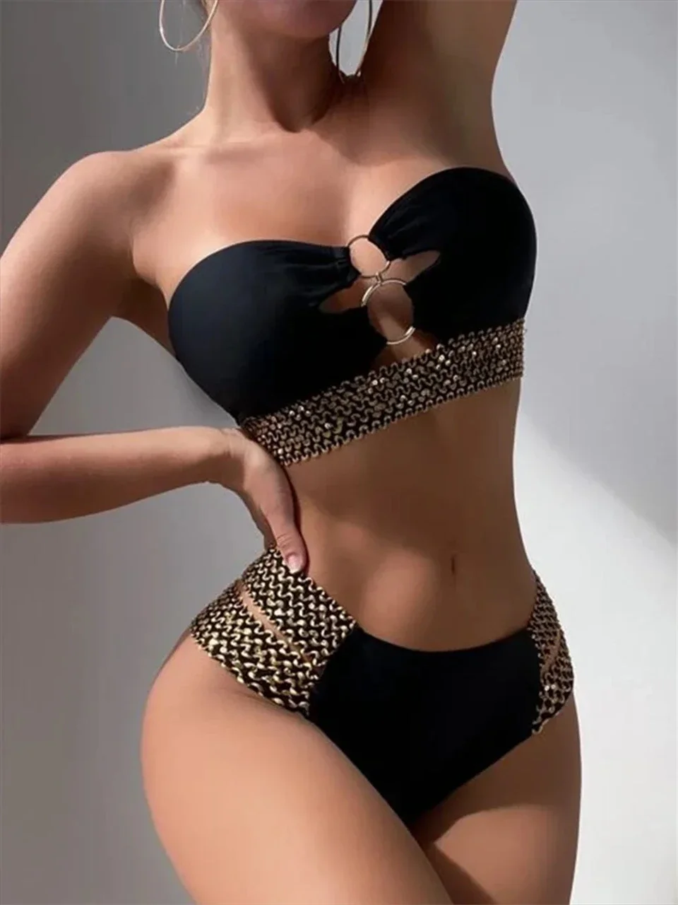 

Sexy Strapless Bikini Women Metal Chain Swimsuit Solid Ring Linked Swimwear Female Padded Bathers Bathing Swim Suit Beachwear