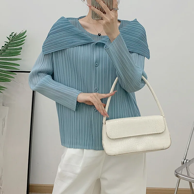 GGHK Pleated Women Casual Shirt Solid Color Lapel Long-sleeved Single-breasted Loose Plus Size Design Fashion Chic Tops 2025 New