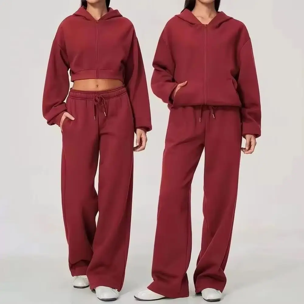 New Hair Grabbing Winter Yoga Set 2 Piece Hoodie Set Loose Casual Hooded Zipper Cardigan Short Sports Fitness Suit Athleticwear