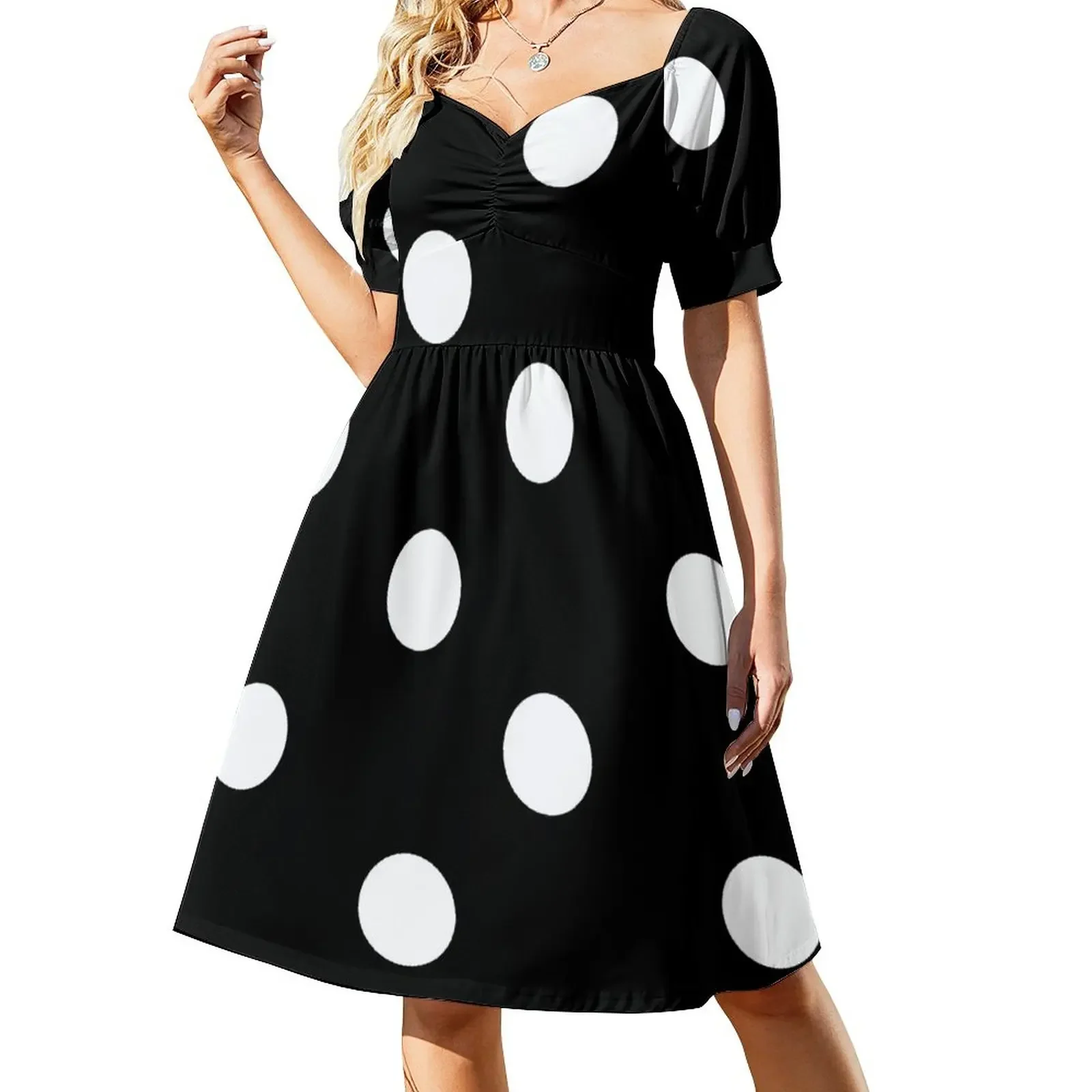 

Big White on Black Polka Dot Short-Sleeved Dress women's evening dresses 2025 cute dress Women's summer suit