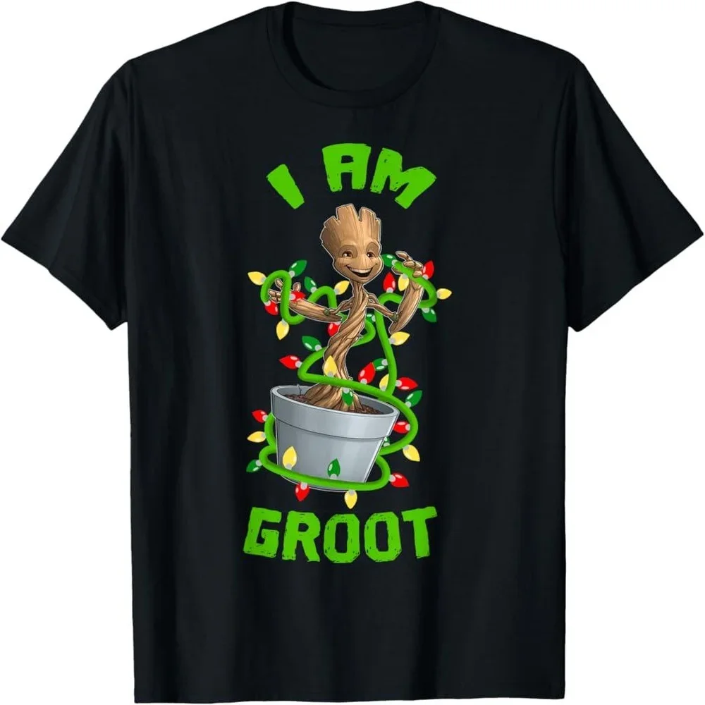 

Funny Groot Christmas Lights T-Shirt I AM GROOT Graphic Cotton Crewneck Tee Holiday Party & Gift Wear - Black, S-XXXL