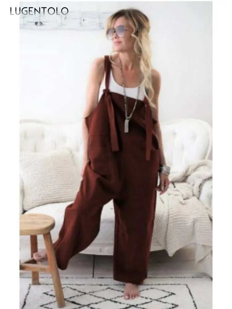 

Lugentolo Women Loose Fashion Jumpsuit Overalls Summer Thin Linen Simple Solid Lady Suspenders Sleeveless Street Casual Trousers