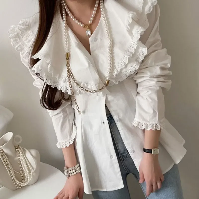 Komiyama Laciness Collar Blusas Mujer Pleated Tunic Shirts Blouses Elegant Chic Fungus Shirt Tops Spring New Clothes Women