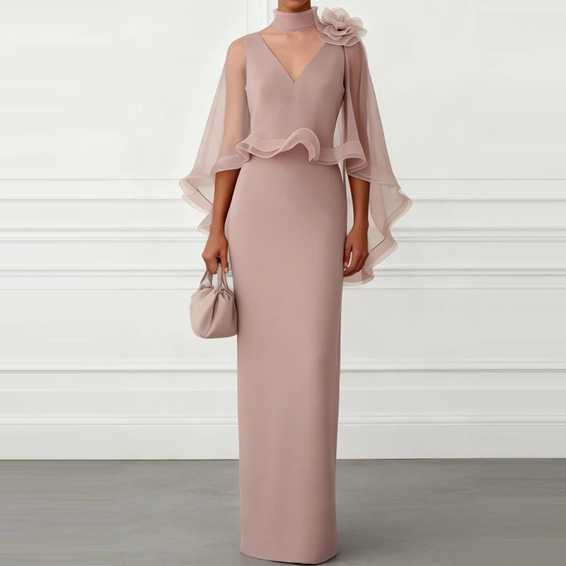 Sexy Shawl Collar V-neck Mermaid Party Dress Women Elegant Ruffled Edge Solid Color Gowns Fashion Hight Waist Slim Long Dresses