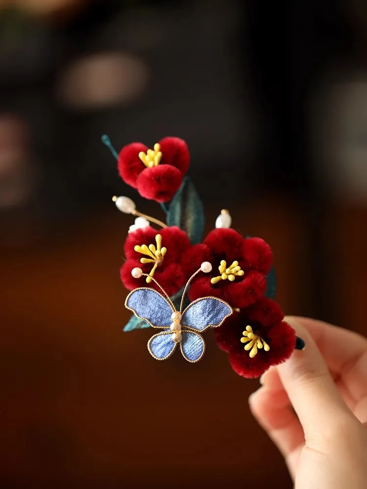 FXLRY Original Handmade Pearl Red Camellia Butterfly Hanfu Hairpin For Women Clip