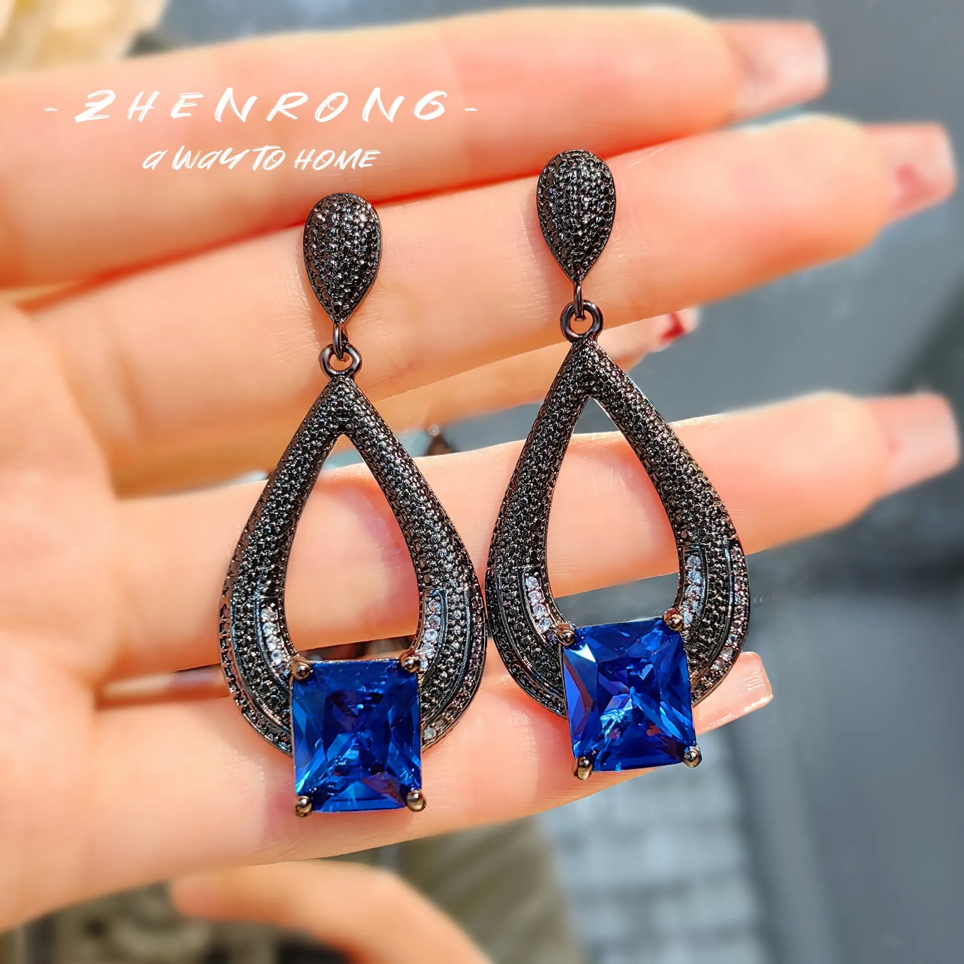 Light Luxury Square Blue Cobalt Spinel Sapphires Earrings For Women Black Gold Color Long Drop Earrings Daily Party Accessories