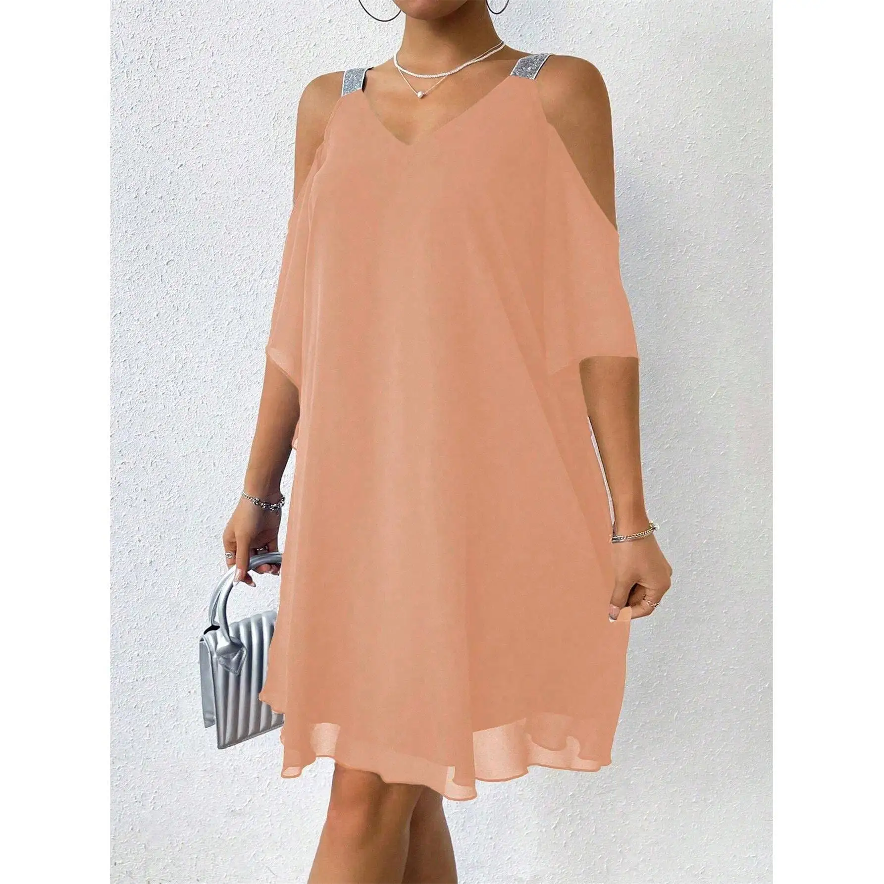 Faionable Color V-Ne oulder Bared Chiffon f Sve Dr met geplooide comfortabele zachte polyester lente S...