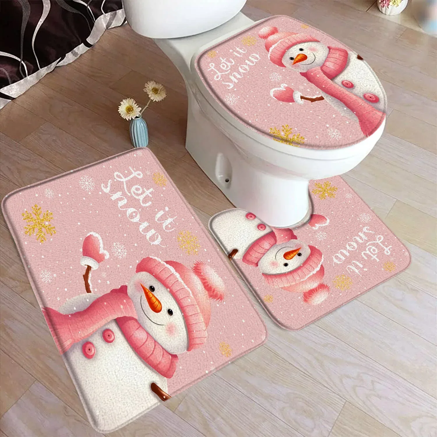 Funny Christmas Bath Mat Set Cute Snowman Santa Claus Red Balls Xmas Trees Carpet Home Decor Bathroom Floor Rug Toilet Lid Cover