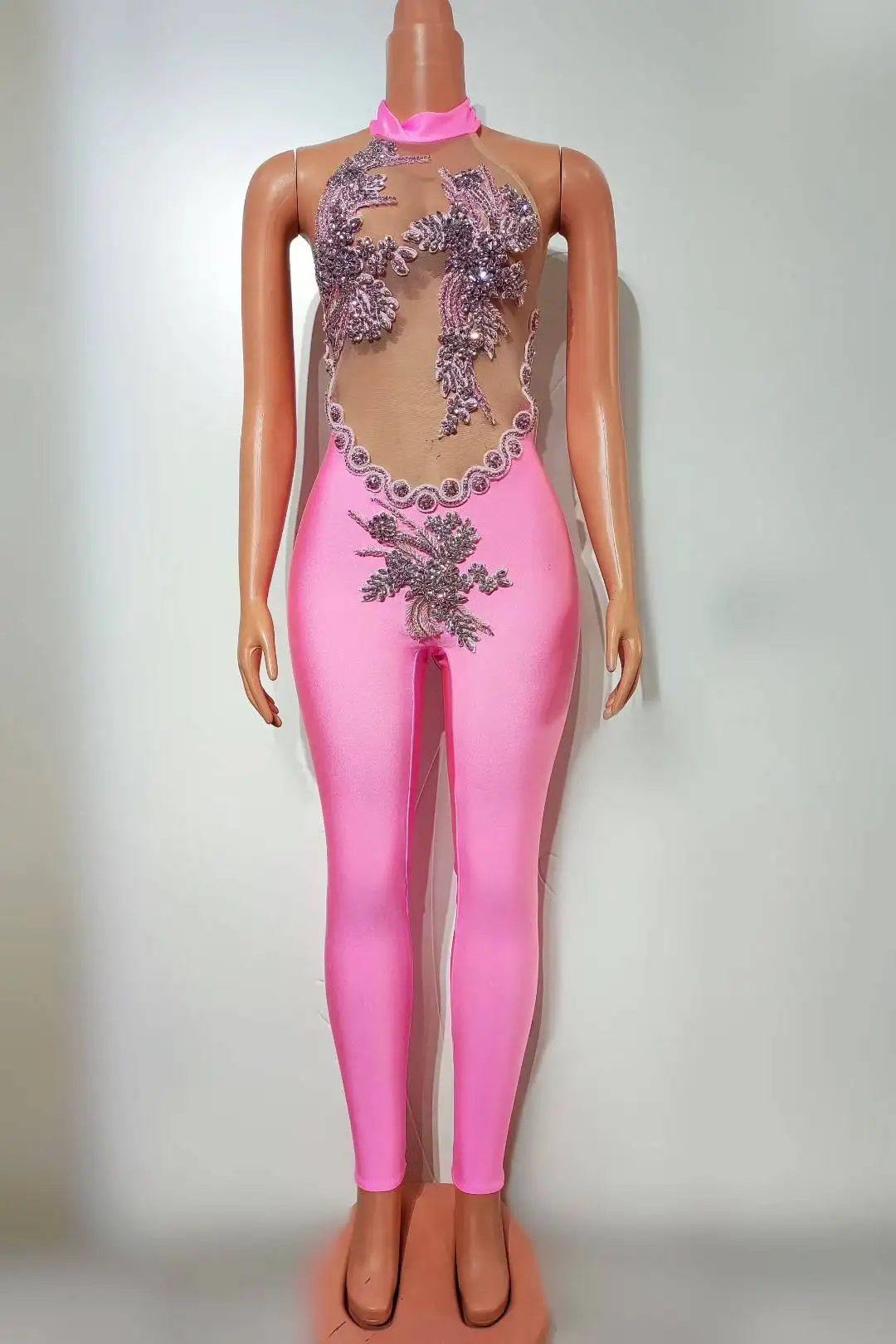 

Сетчатый комбинезон из спандекса без рукавов с блестками и кристаллами, женская одежда для выступлений на сцене, танцевальная одежда, гимнастическое эластичное боди с низкой спинкой Gongqi