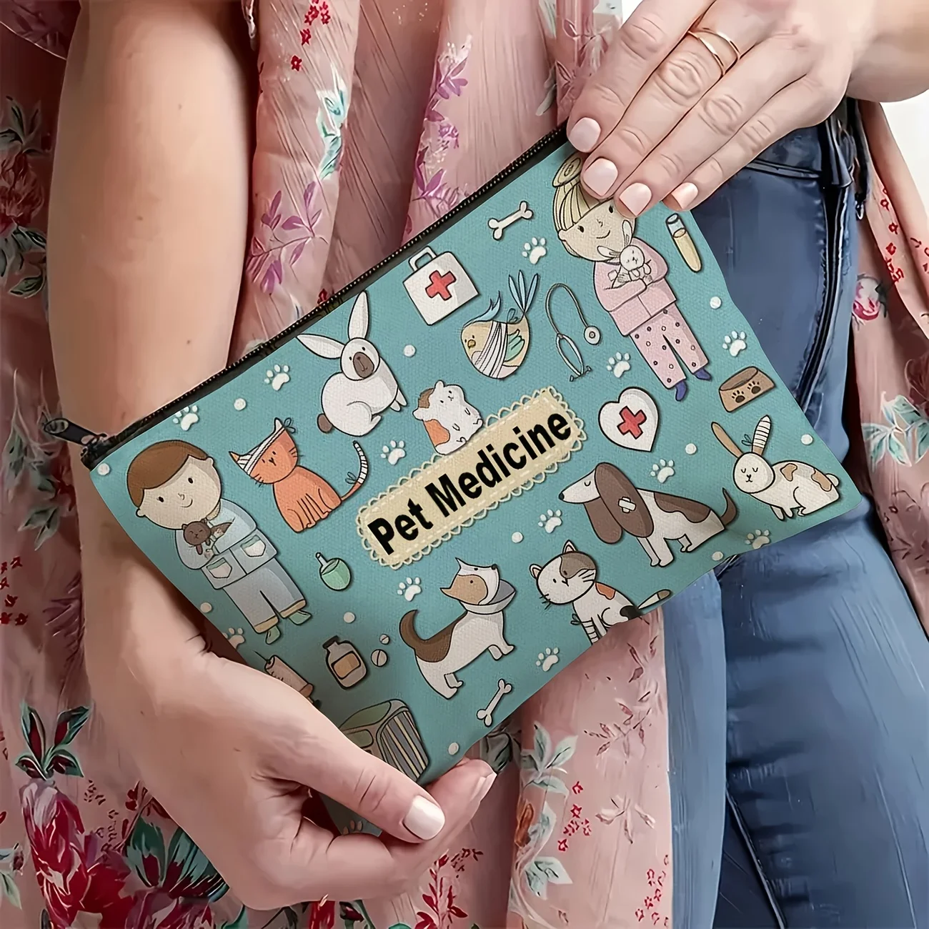 Pet Medicine Travel Organizer Pouch - Light Blue Polyester Cosmetic & Toiletry Bag with Cute Dog & Cat Illustrations