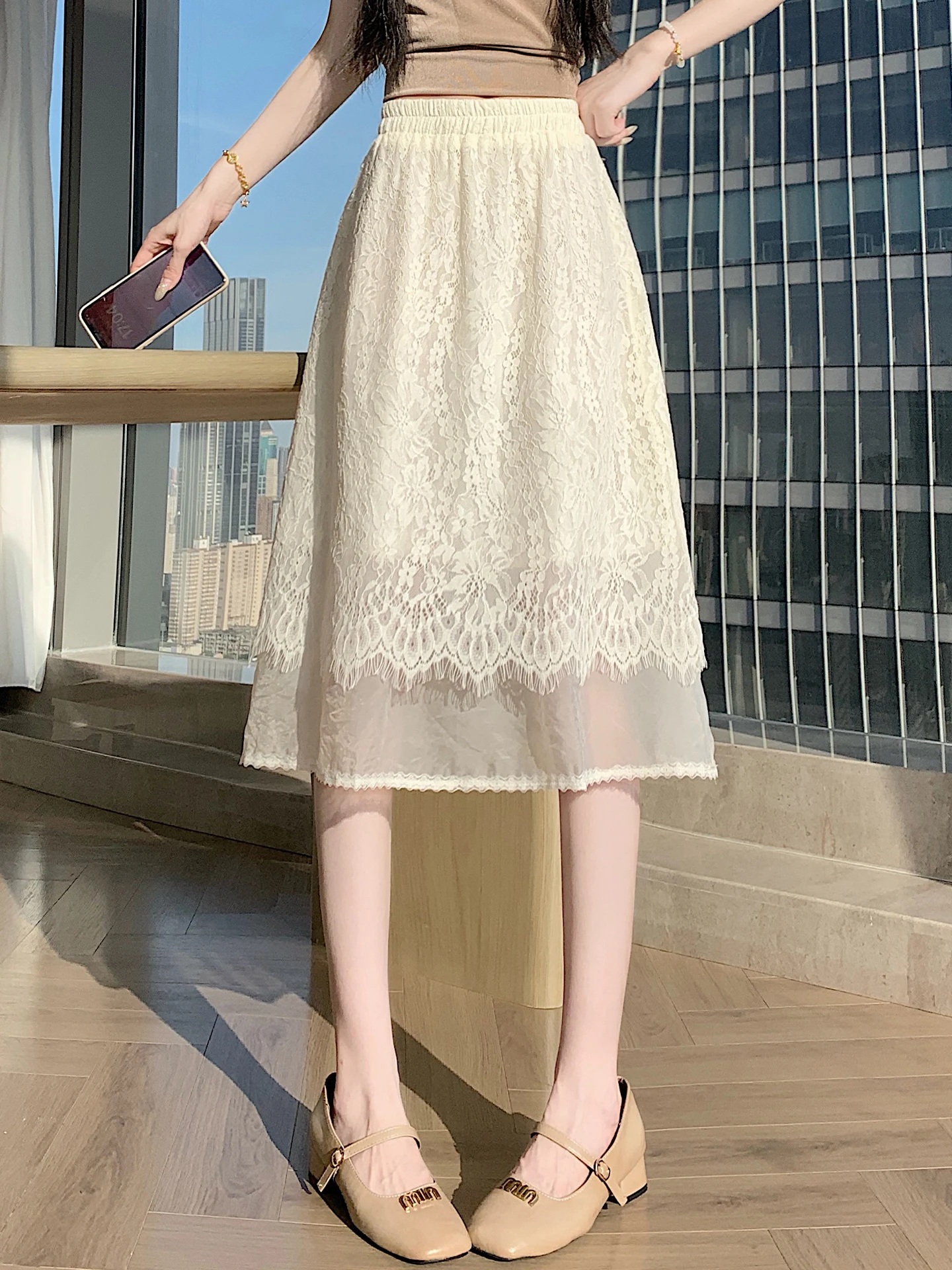 

Knee-Length A-Line Half Skirt Women's Summer New Gentle Style Double Layered Lace Mesh Skirt High Waist Polyester Fiber