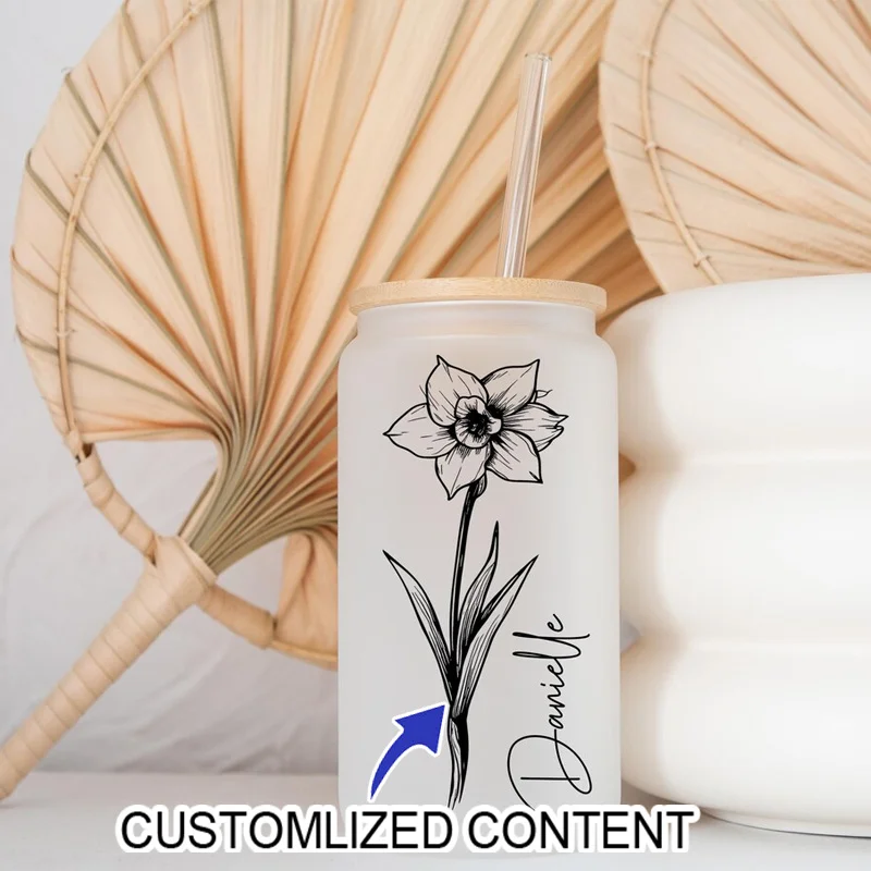 Personalized Daffodil Glass Can Cup Custom Name Print 16oz Iced Coffee Cup with Lid Straw Spring Birthday Gift for Her.