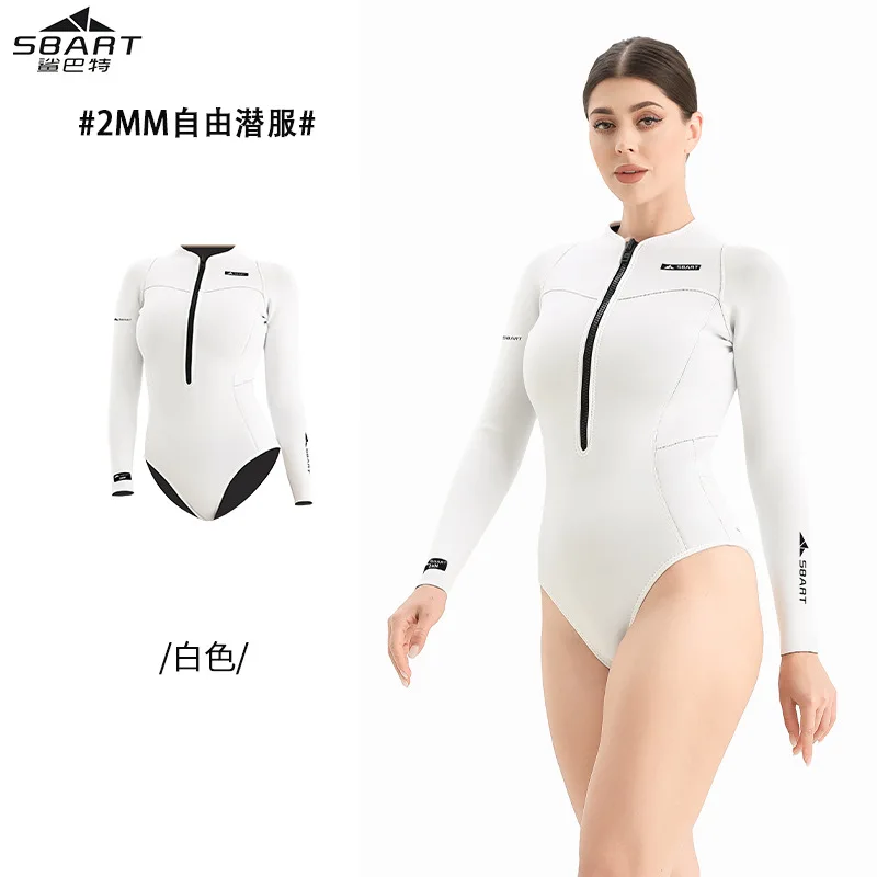 بدلة غطس مجانية من قطعة واحدة مقاس 2 مم، بدلة غوص دافئة بأكمام طويلة، بدلة قنديل البحر للسيدات، بدلة ركوب الأمواج بيكيني، ملابس سباحة بيضاء