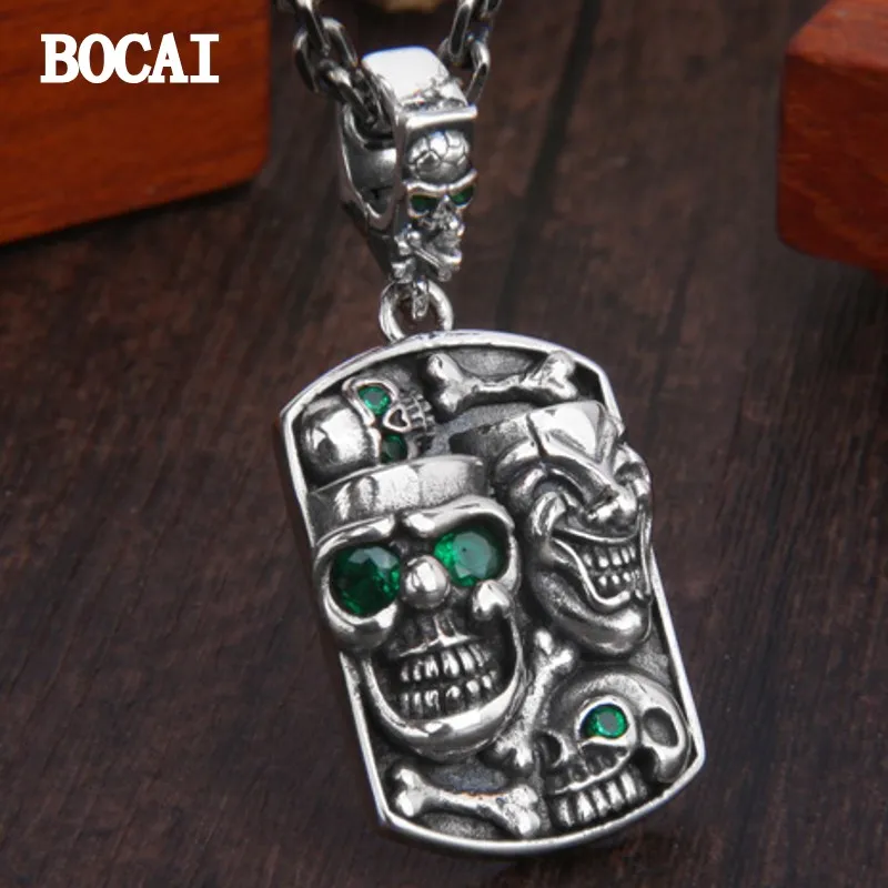 BOCAI NEW S925 Sterling Silver Retro Old Personalized Three-dimensional Skull Buckle Can Be Opened Green Zircon Pendant