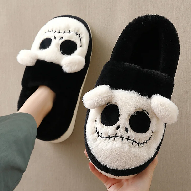 2023 Winter Unisex Cute Home Plush Skeleton Wacky Slippers Cartoon Warm Faux Fur Lining Fluffy Cozy Flat Non Slip Sole Shoes