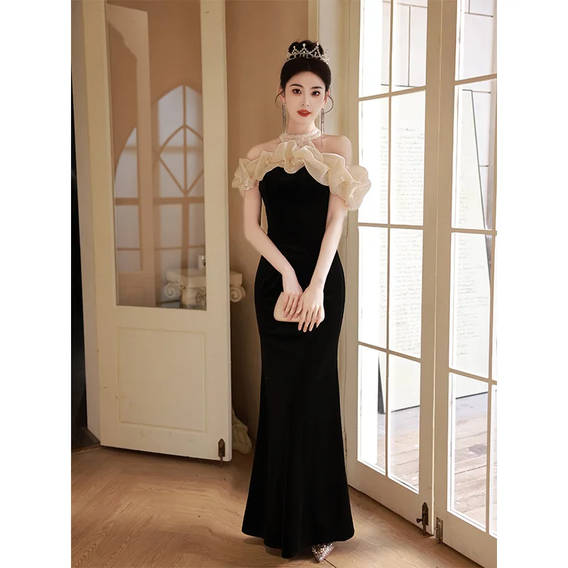 

Banquet Temperament Youth Graduation Evening Dress Skirt Celebrity Black Fishtail Skirt French High-end Light Luxury Shoulder