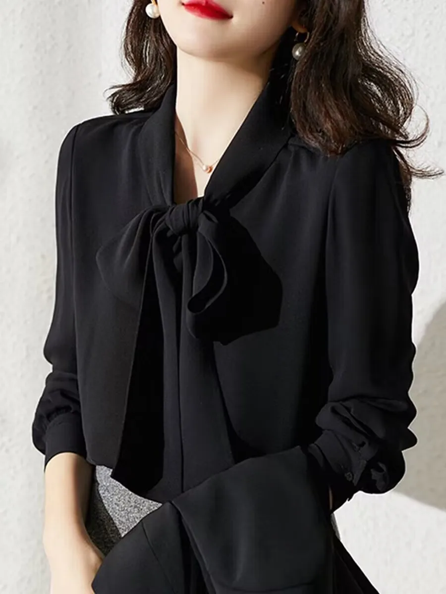 

Ele Knot irt Женская весенне-осенняя модная шифоновая верхняя профессиональная многослойная блузка с поясом French Sle S...