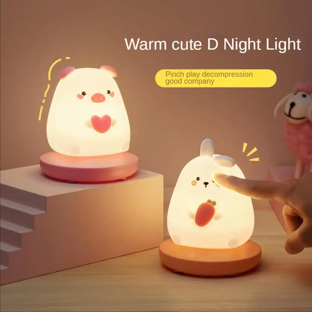 Lampu malam LED dapat diisi ulang USB untuk anak-anak, lampu hangat dekorasi kamar tidur silikon hewan Panda babi dapat diredupkan untuk hadiah anak-anak