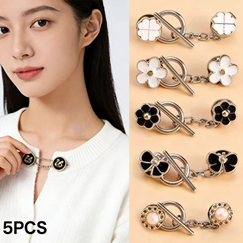 

5 Sets No-Sew Adjustable OT Buttons, Metal O-Ring Decorative Clips for Women Coat Cardigan, Reusable Shirt Front Closure Clasps