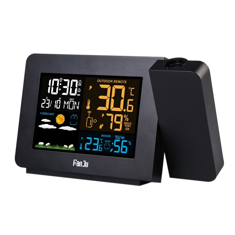 FanJu FJ3391 Weather Station with Projection Weather Monitor DCF Radio control Calendar 7 languages Backlight Alarm Clock