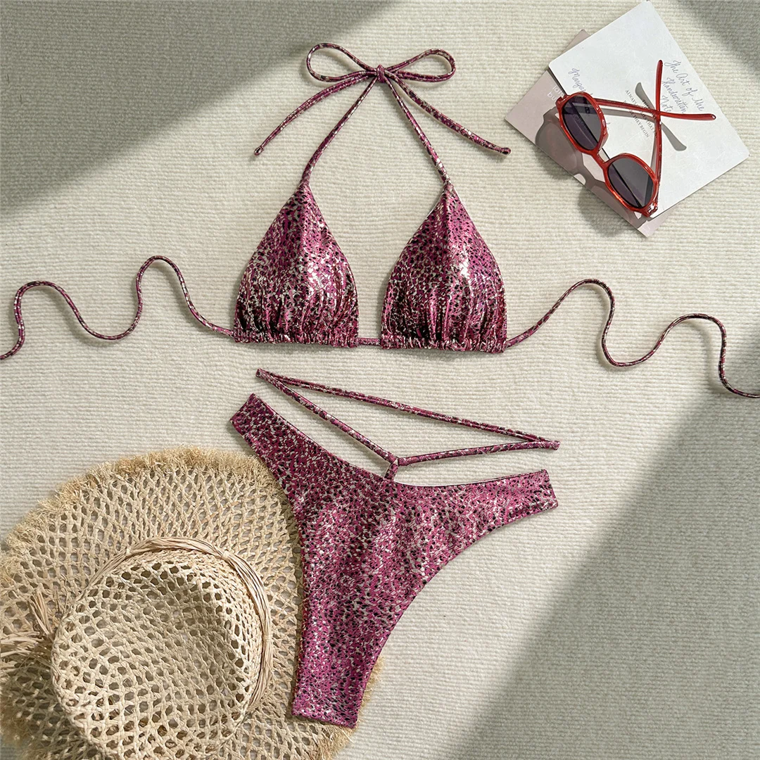 Sexy bedruckter PU-Kunstleder-Neckholder-Bikini, Damen-Badeanzug, zweiteiliger Bikini-Set, Badebekleidung, Badeanzug, Schwimmanzug V6579 – Detail 8