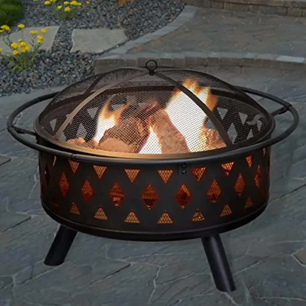 

Steel Outdoor Fire Pit Set Wood Burning Firepit with Poker Screen and Cover Modern Design Backyard Deck or Patio Black Color