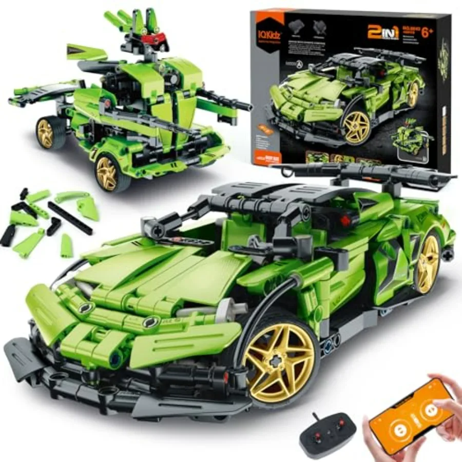 

STEM Building Blocks Kit for 2 in 1 Remote Control Race Car and Robot Toy Blue Red Engineering STEM Learning Gift for Boys Teen
