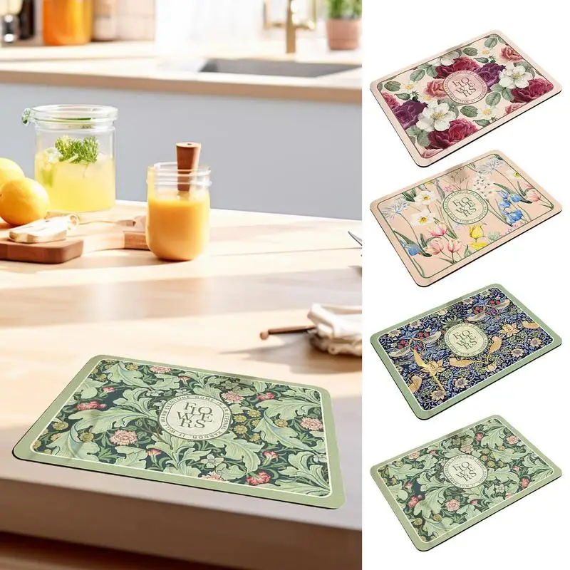 Fantasy Style Draining Mat Drain Pad Quick Dry Mats Quick Dry Mats Kitchen Accessories Vintage Floral Plates For Countertops