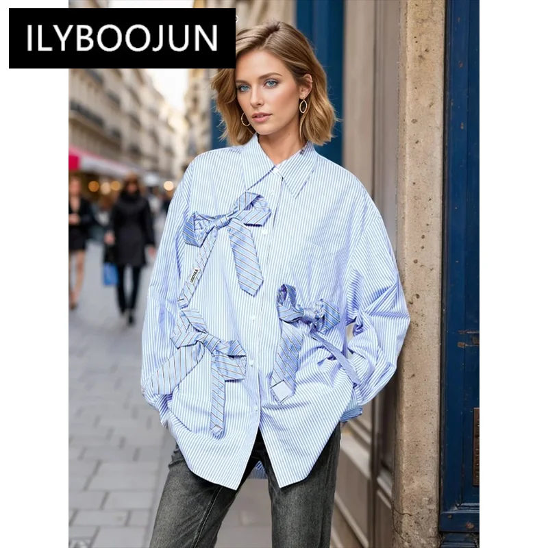 

ILYBOOJUN Colorblock Striped Spliced Bowknot Shirts For Women Lapel Long Sleeve Single Breasted Loose Blouse Female Clothes