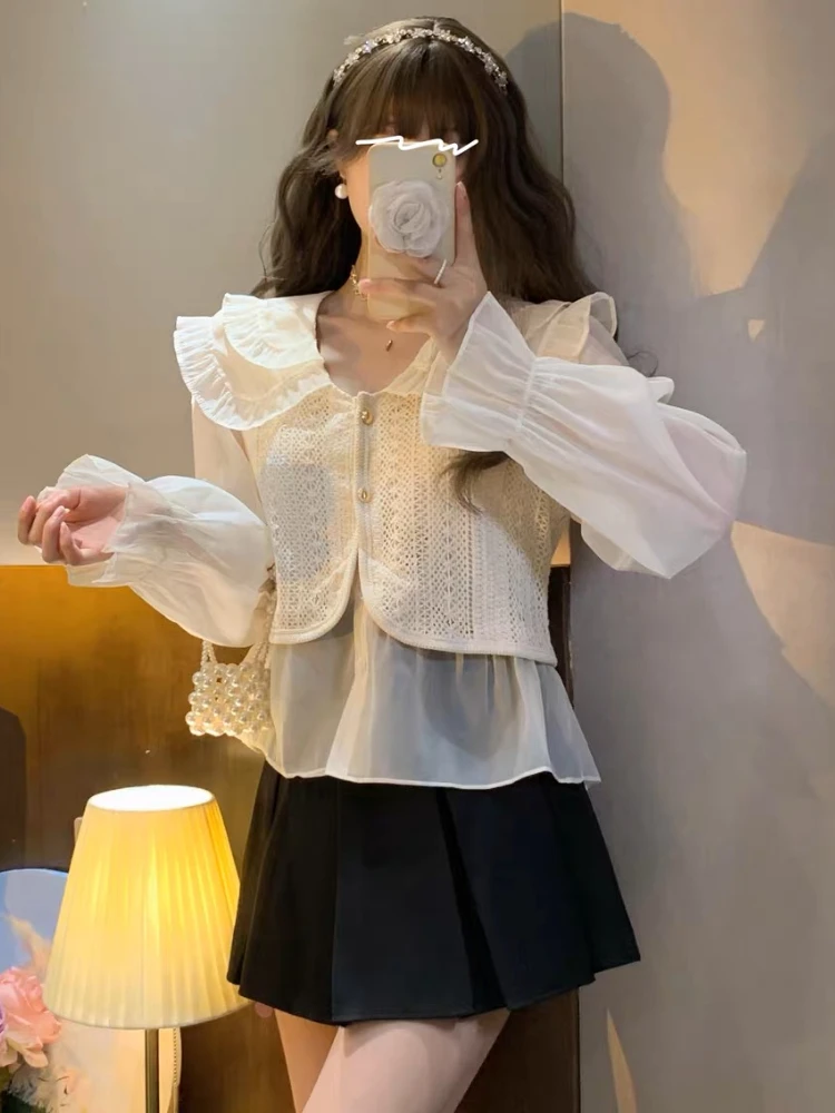 Shirts Women Ruffles Fake Two Pieces Special Elegant Charming Popular Stylish French Style Leisure Sweet Pure Simple All-match