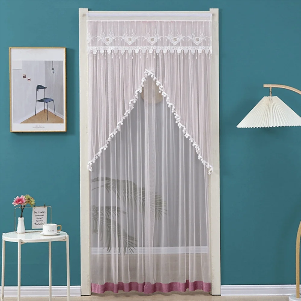 Double Layer Lace Sheer Door Curtain Embroidered Breathable Anti-mosquito Door Curtain Self-adhesive Pest-proof