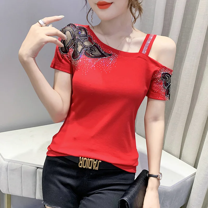 #5523 Black White Red Green Off Shoulder T Shirt Women Cotton Skew Collar Hollow Out Diamonds Sexy T Shirts Female Short Sleeves